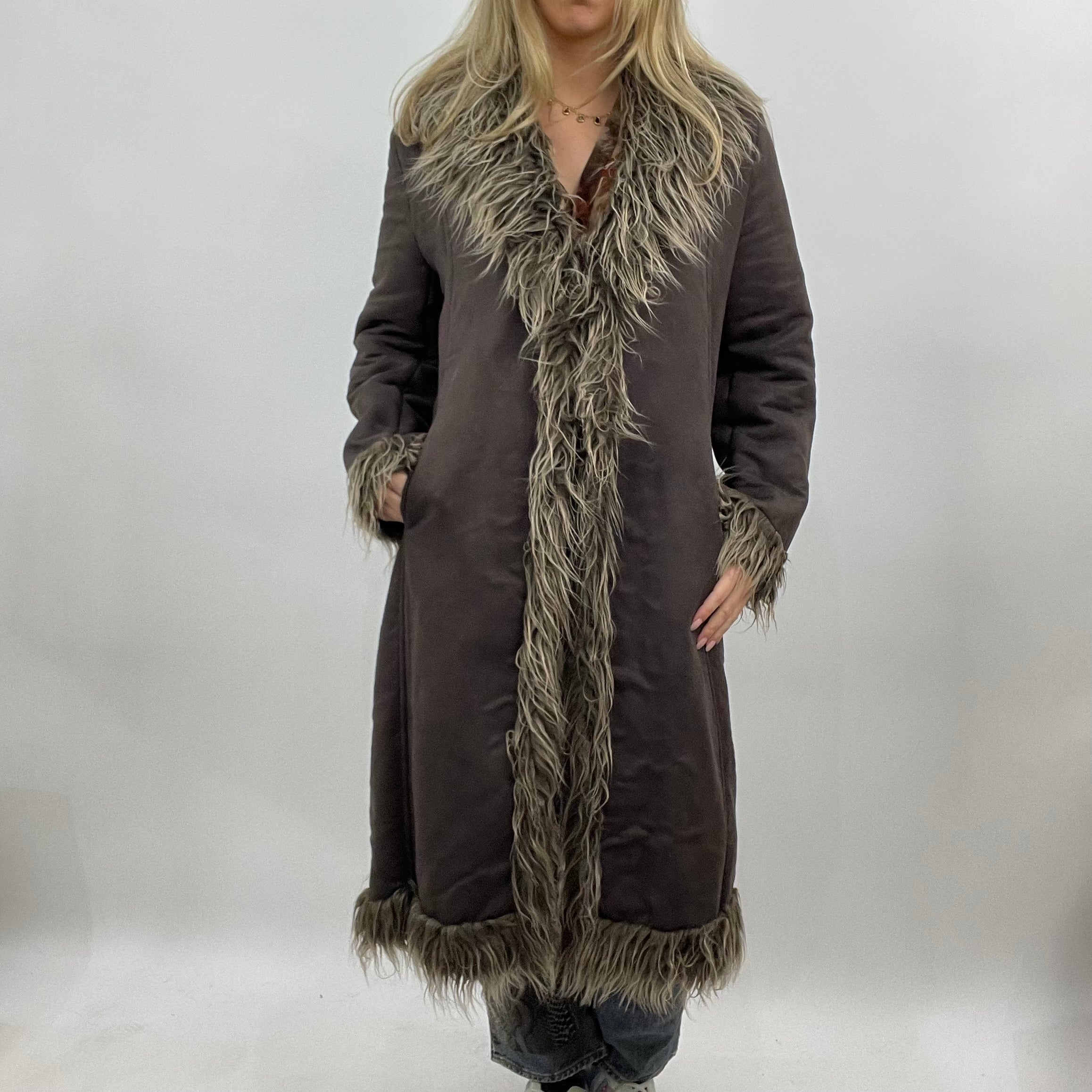 Women's Faux Fur Lined Longline Afghan Coat in Black