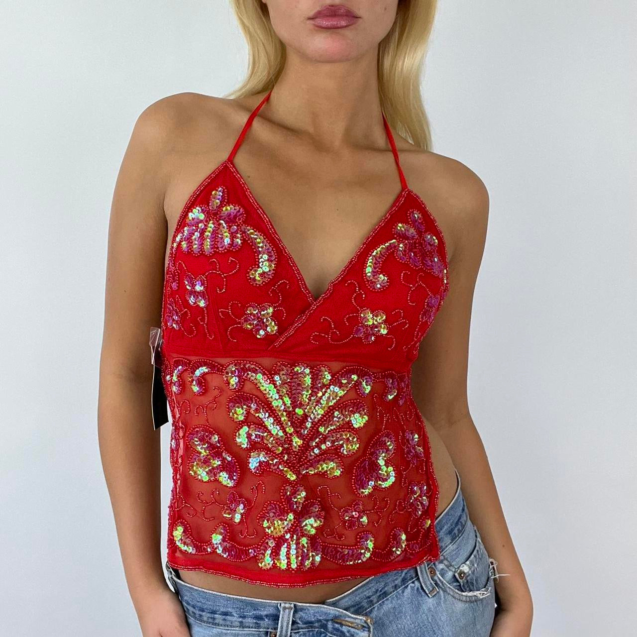 Vintage 90's Festival Red Backless Beaded Halter Top (S/M