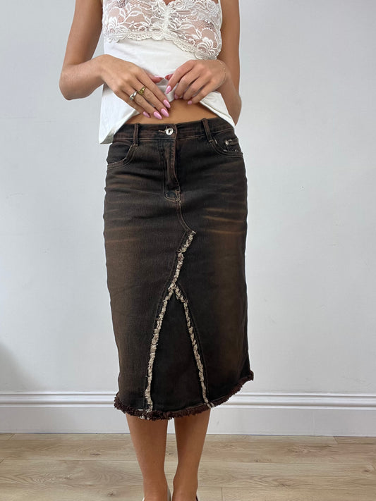 DINNER PARTY | small brown and black denim midi skirt