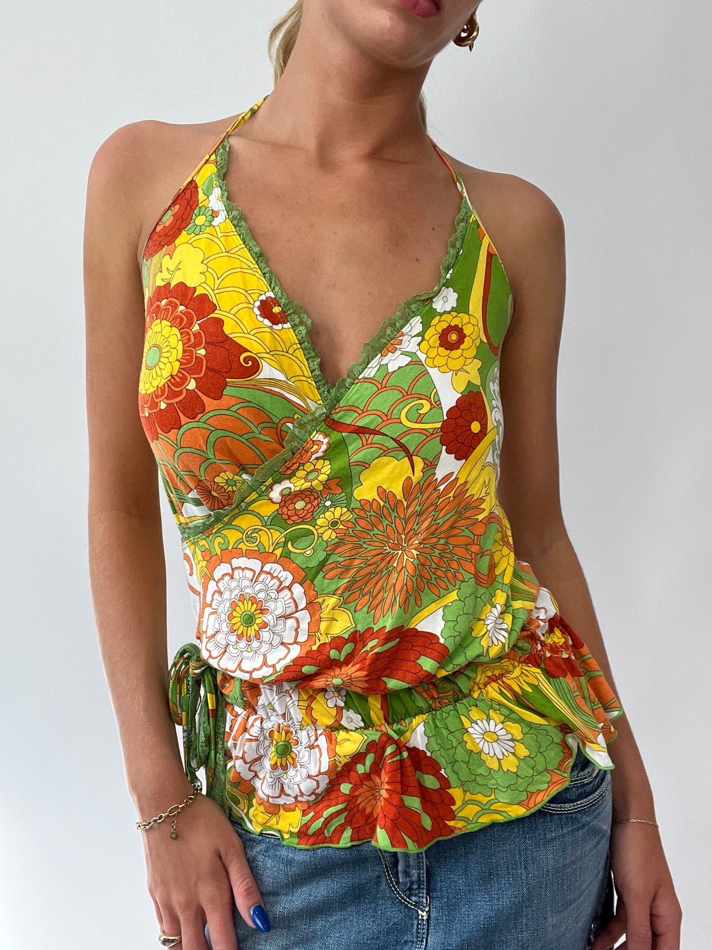 💻 FRUITY DROP | medium halterneck cami with yellow and green floral print