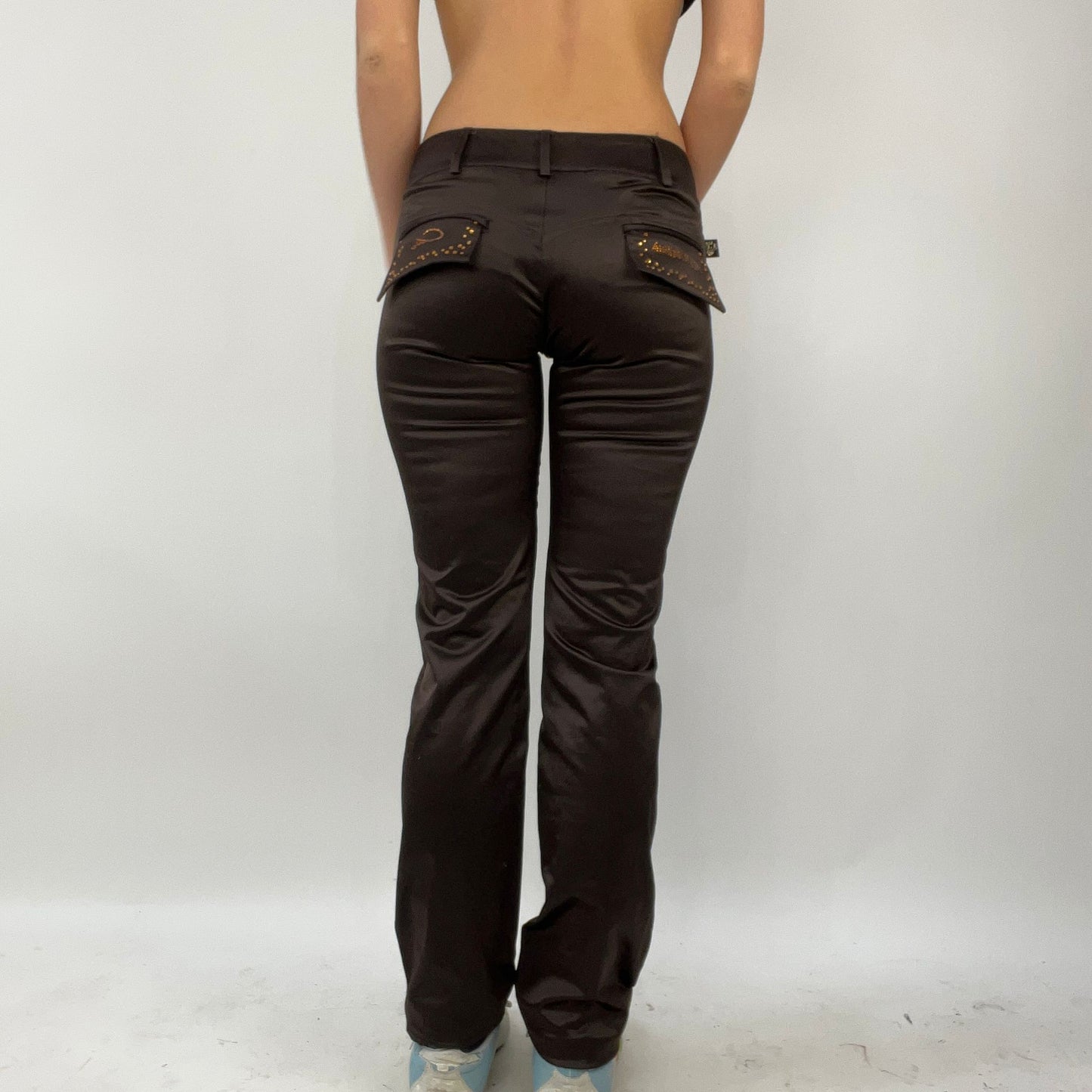 FUTURECORE DROP | small brown silky trousers with orange diamanté detail