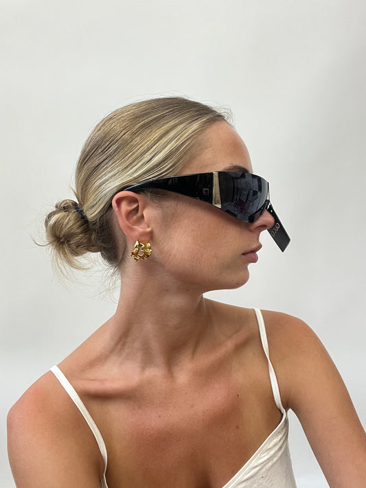 BRAT GIRL SUMMER DROP | black gucci style sunglasses with silver spellout