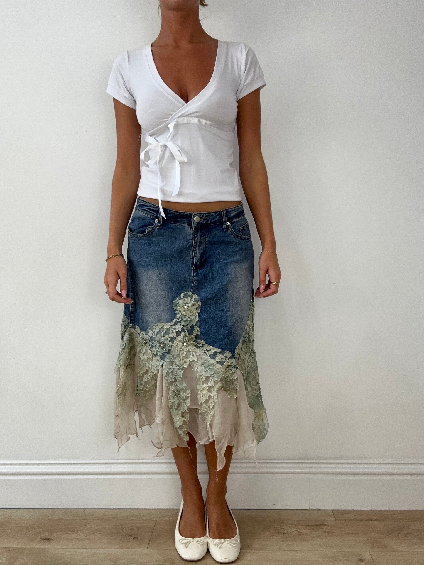 SIRENCORE | denim skirt with khaki mesh and lace detail