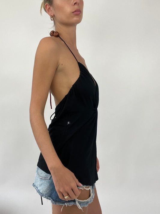 PALM BEACH DROP | medium black halterneck top with brown bead strap