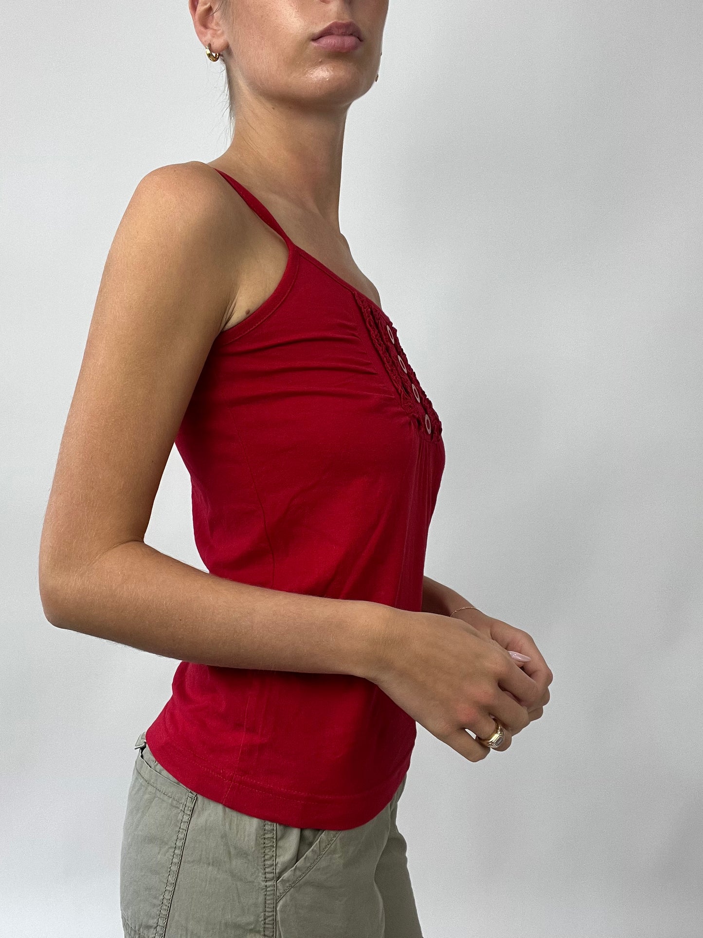 PUB GARDEN DROP | medium red cami with ruffles and buttons