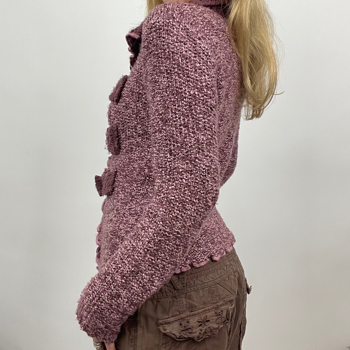 BEST PICKS | small purple knit cardigan with triple buckle detail