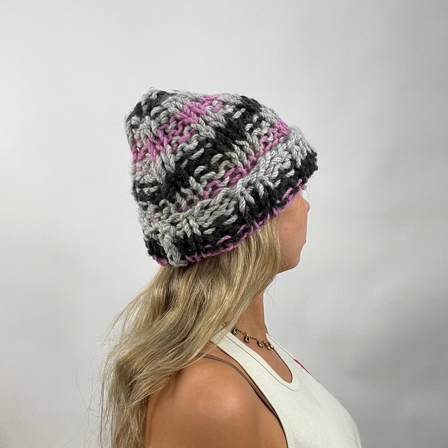 GORPCORE DROP | grey and pink knit beanie