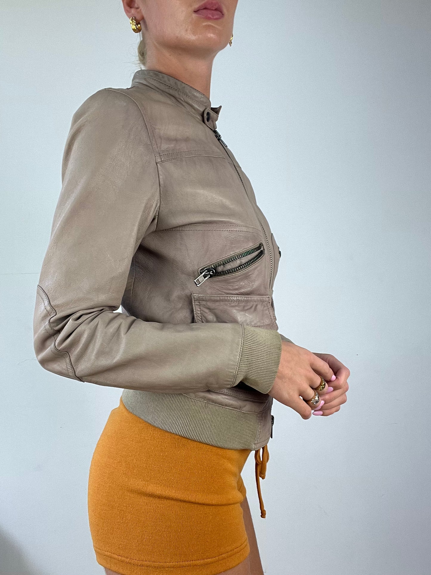 DINNER PARTY | small beige faux leather biker jacket