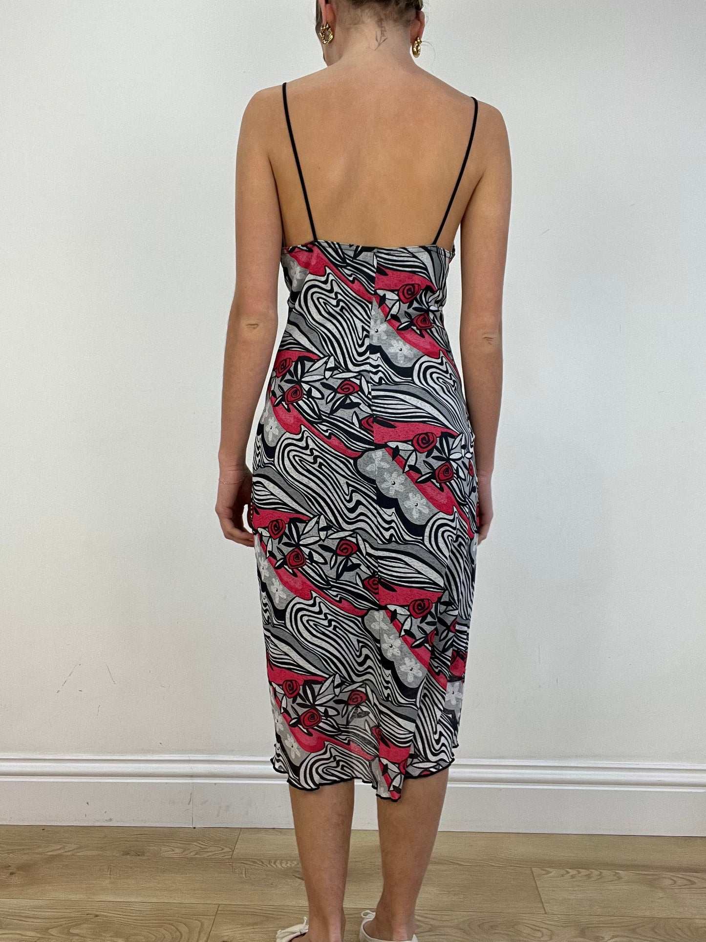 vintage edit: date night | medium black and red swirl abstract print midi dress