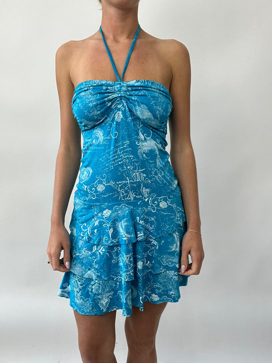 PUB GARDEN DROP | small blue ruffle dress with white floral print