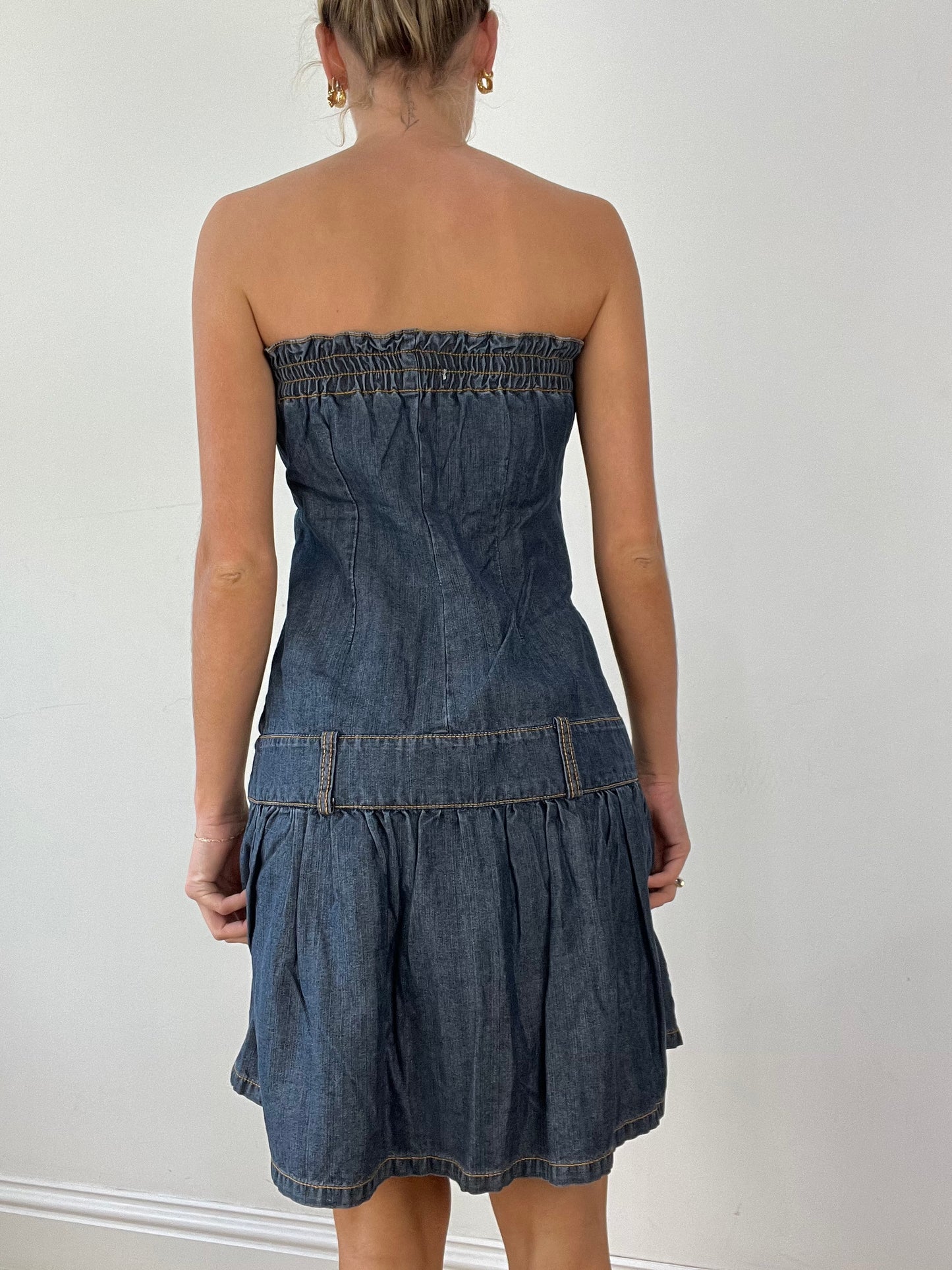 💻DENIM ON DENIM | medium dark wash bandeau denim dress