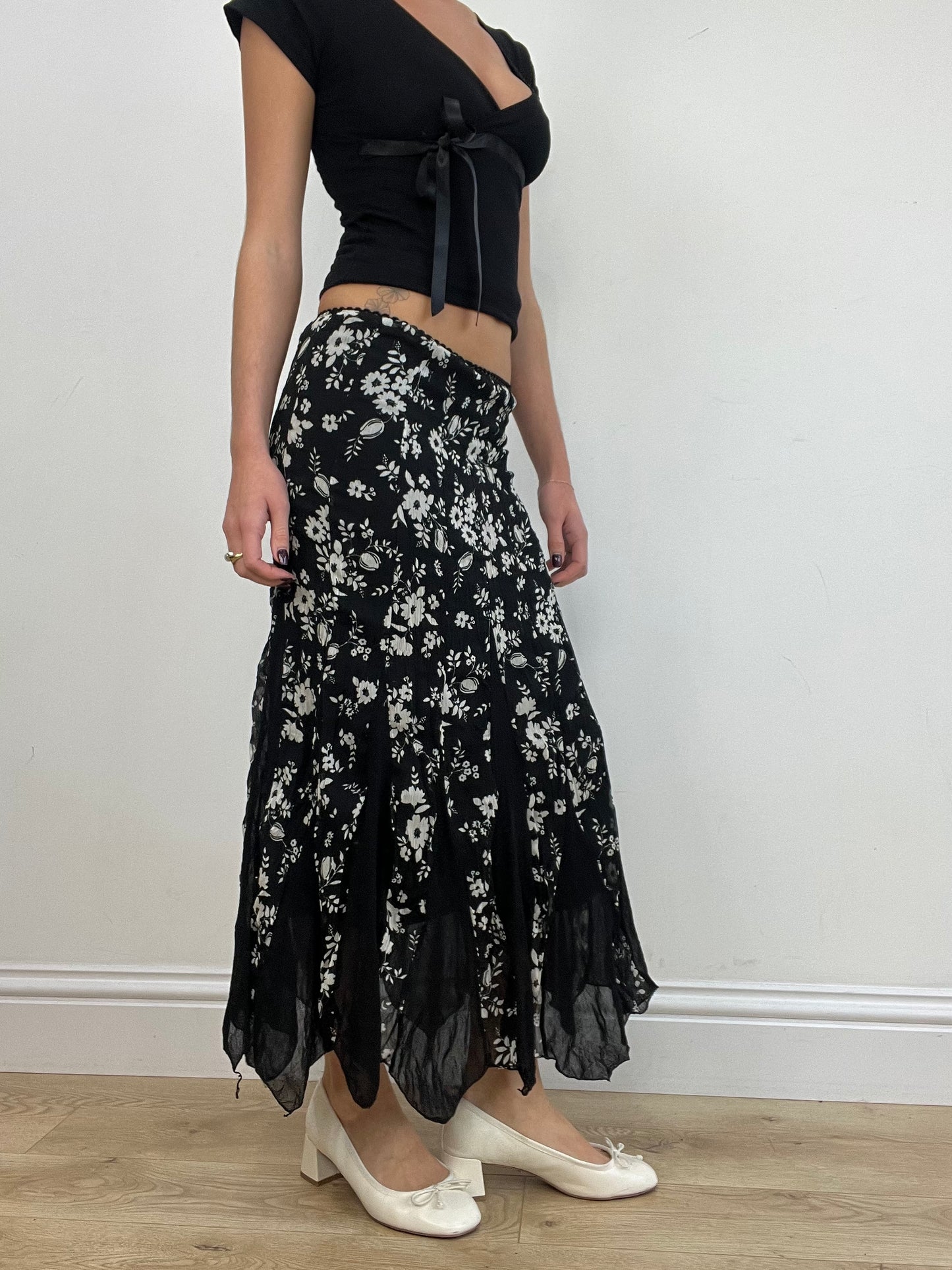 vintage edit one | small black maxi skirt with white flowers