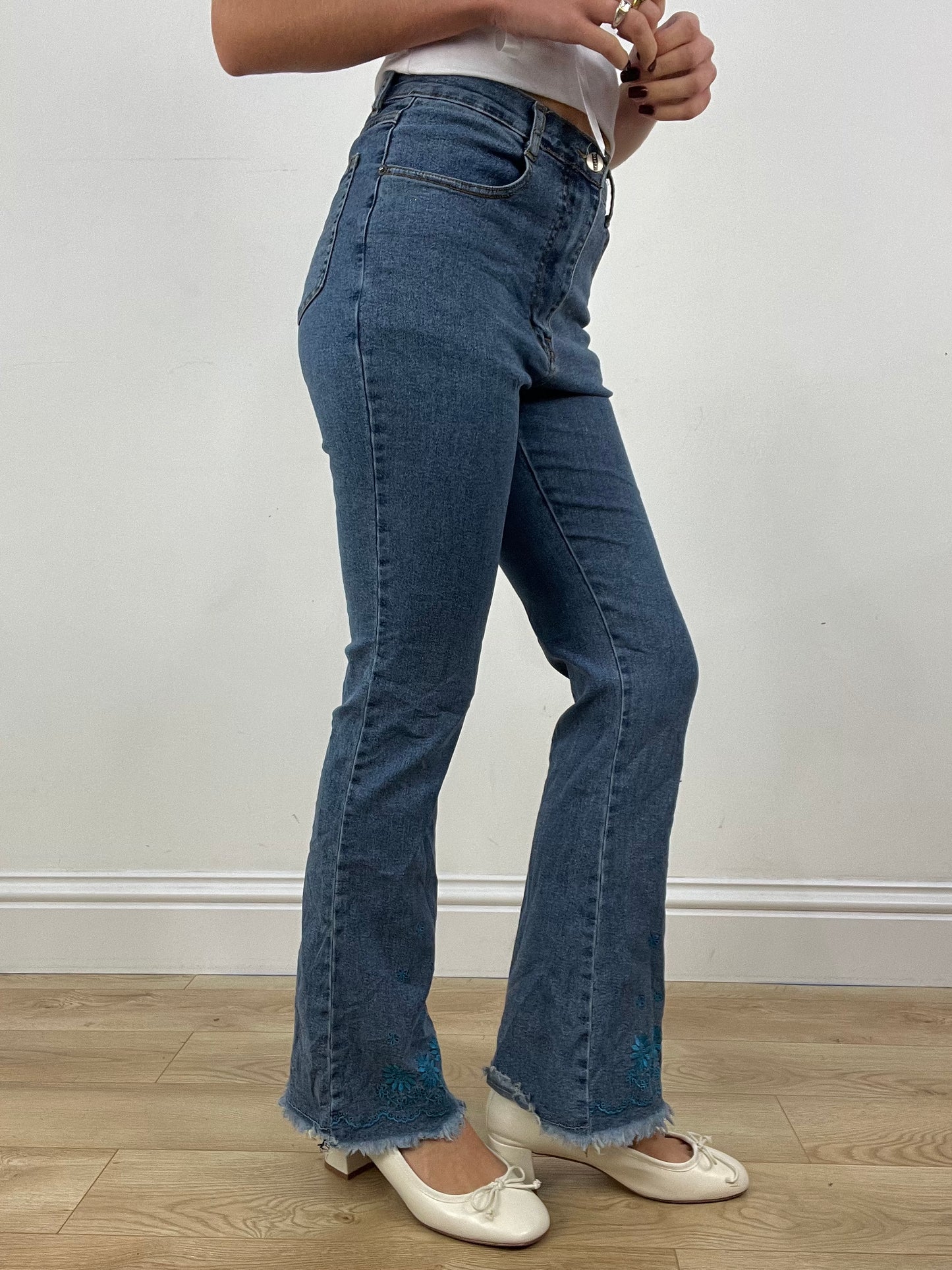 BONFIRE NIGHT | small dark wash blue flared jeans