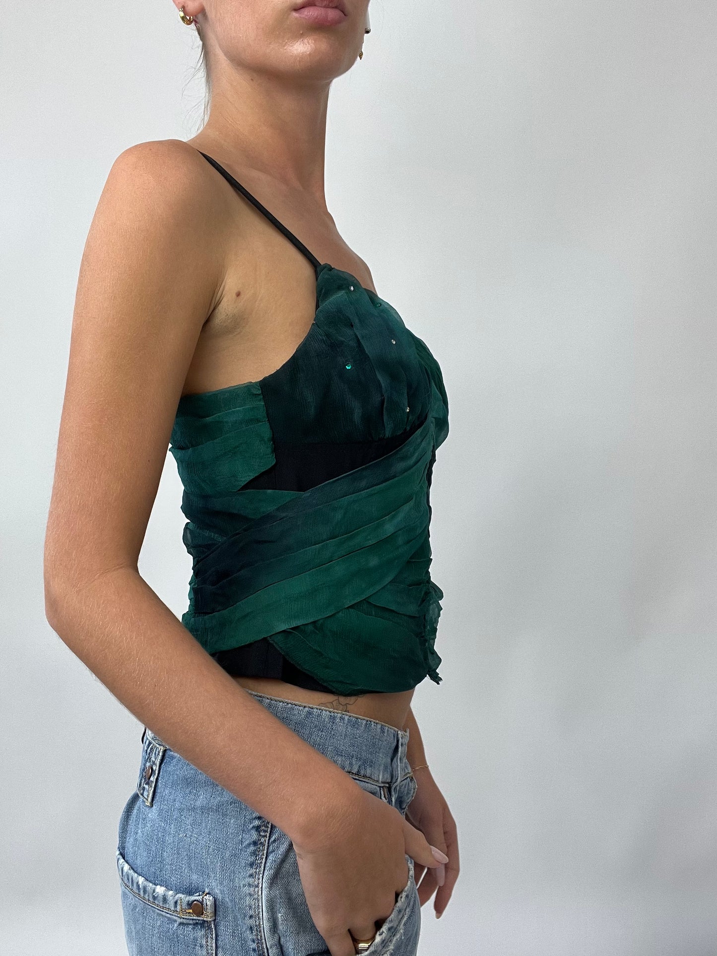 💻 PUB GARDEN DROP | small green and black cami with mesh overlay