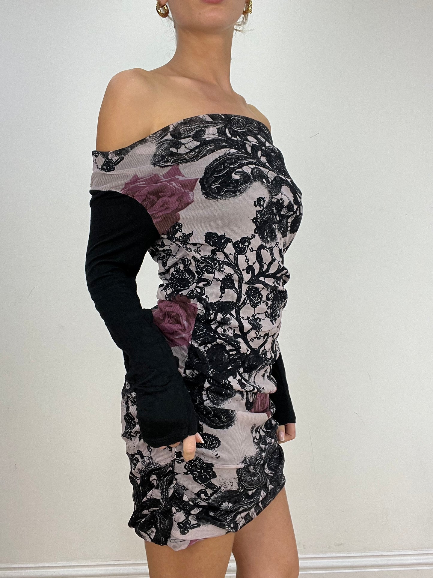 vintage edit five | medium black floral off the shoulder dress