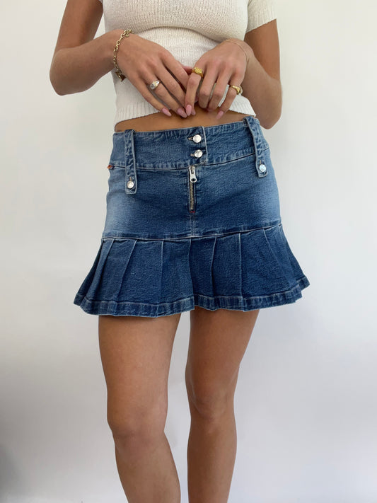 MADELINE ARGY DROP | small dark wash denim skirt with pleats