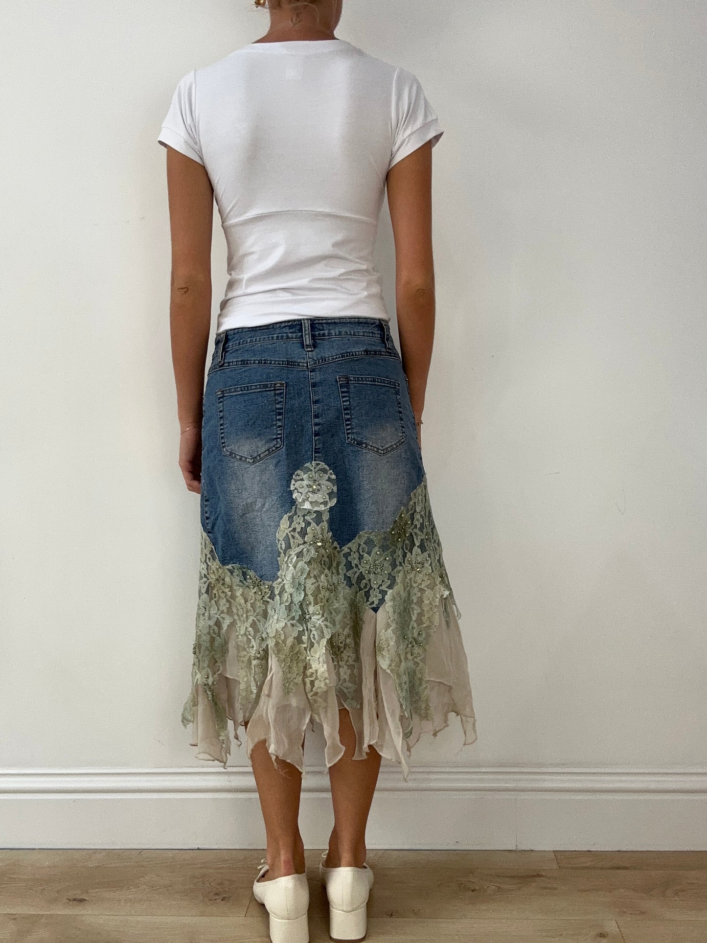 SIRENCORE | denim skirt with khaki mesh and lace detail