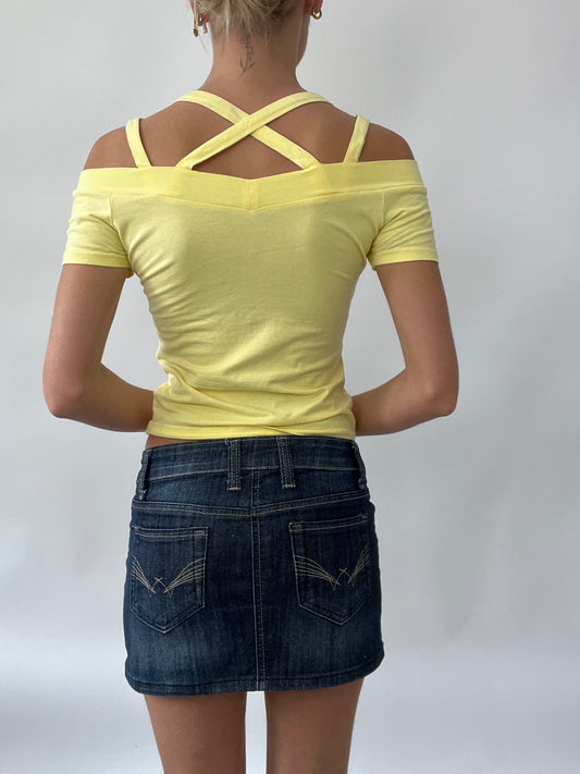 PUB GARDEN DROP | small yellow off the shoulder top with crossed straps