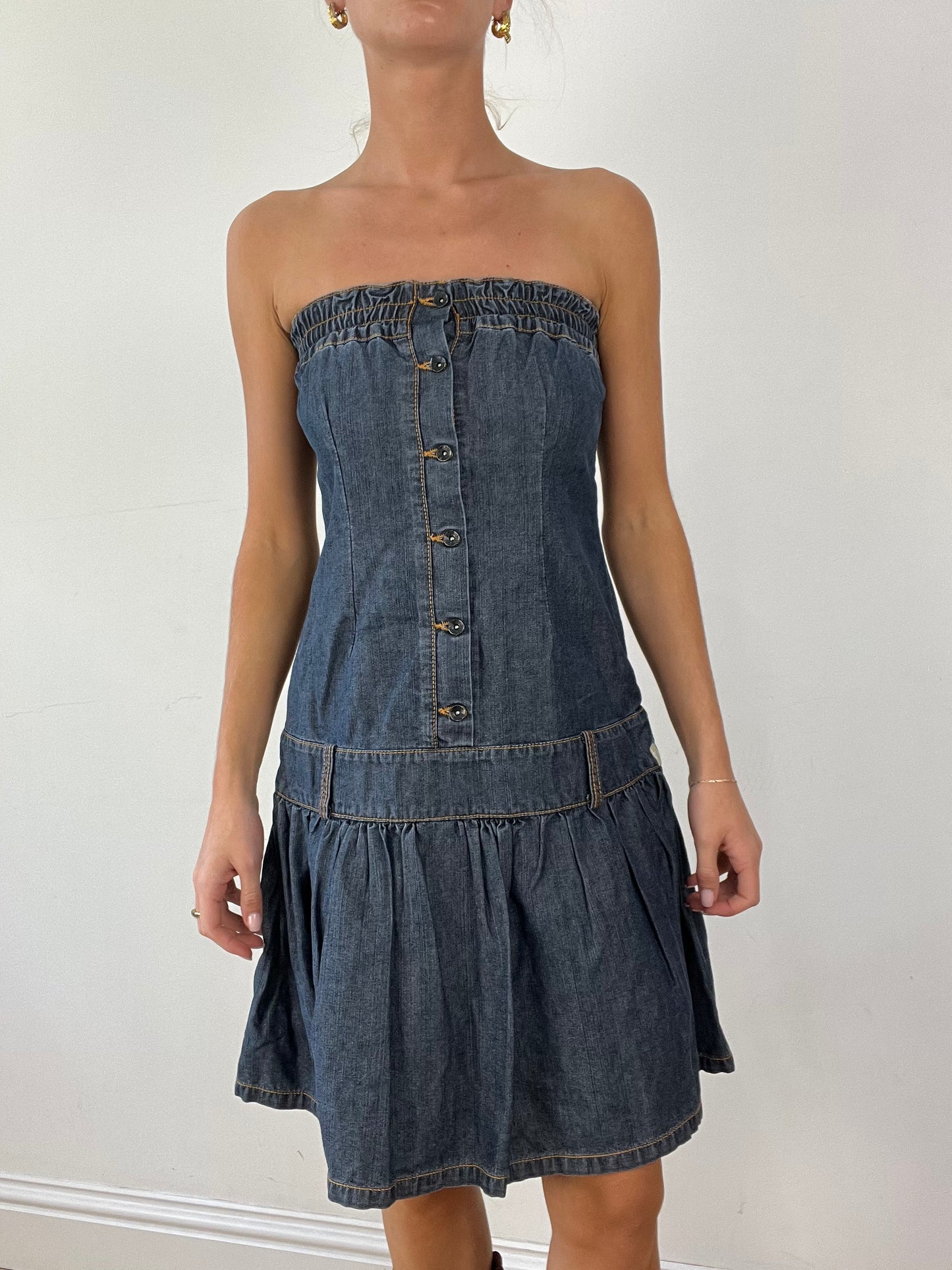 💻DENIM ON DENIM | medium dark wash bandeau denim dress