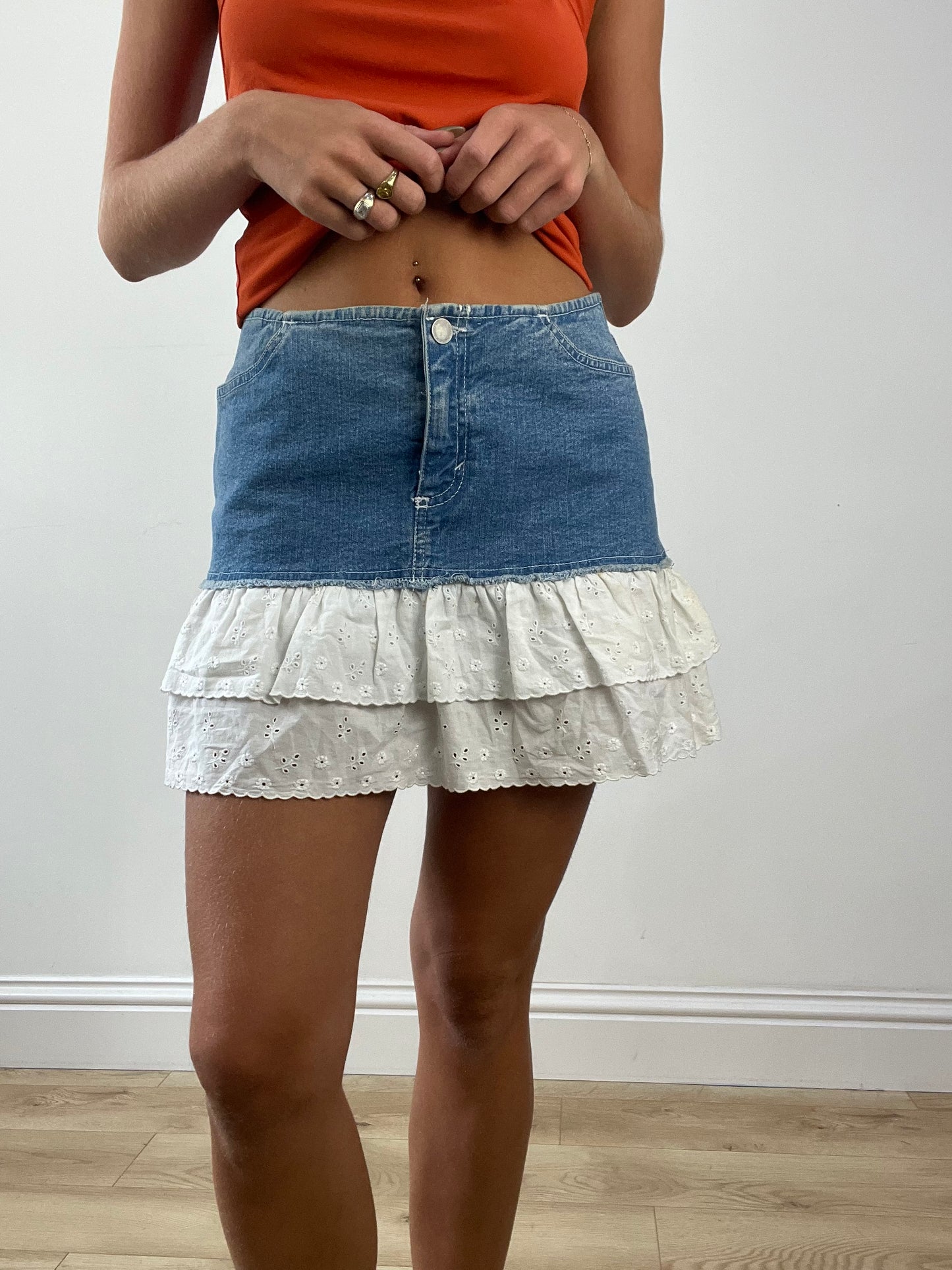 GIRLBAND DROP | small denim skirt with linen ruffle detail