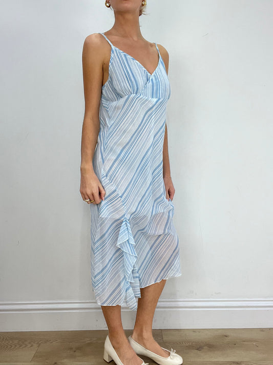 vintage edit five | large white and blue striped maxi dress