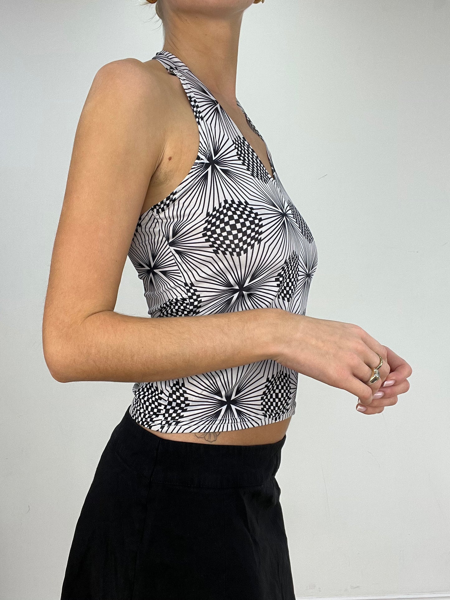 vintage edit five | small black and white checkered circle print halterneck