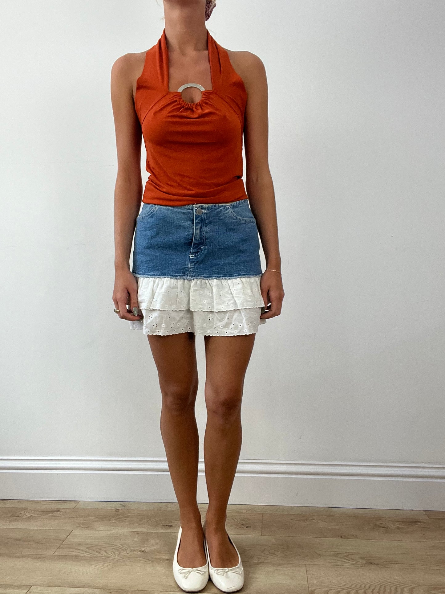 GIRLBAND DROP | small denim skirt with linen ruffle detail