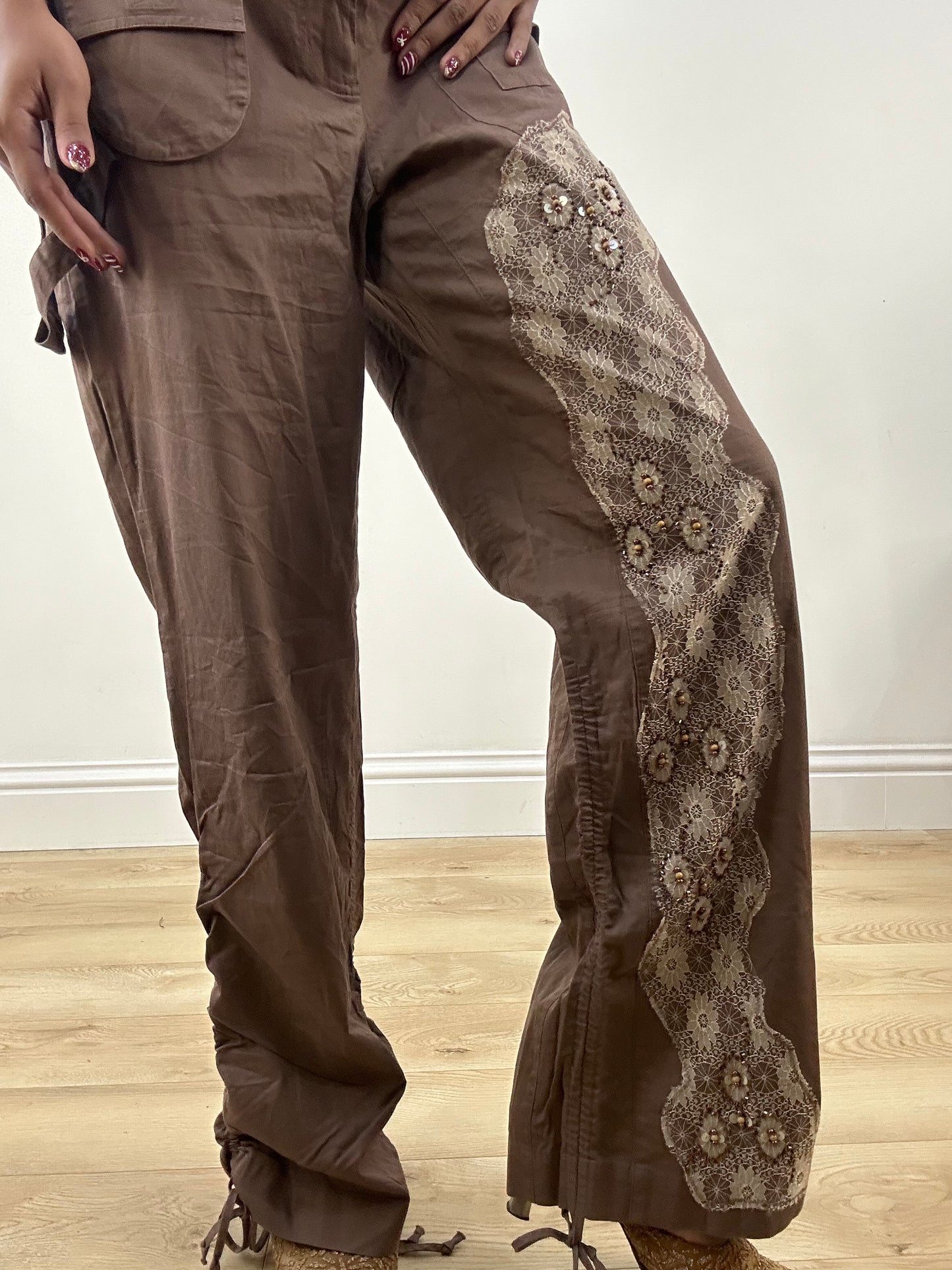 HIPPY CHIC DROP | small brown embroidered beaded cargo trousers