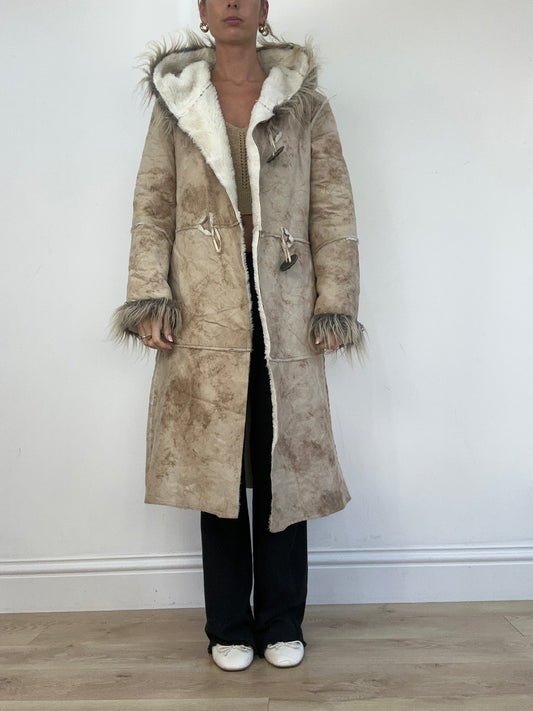 WINTER TRENDS | medium beige long afghan style coat with faux fur