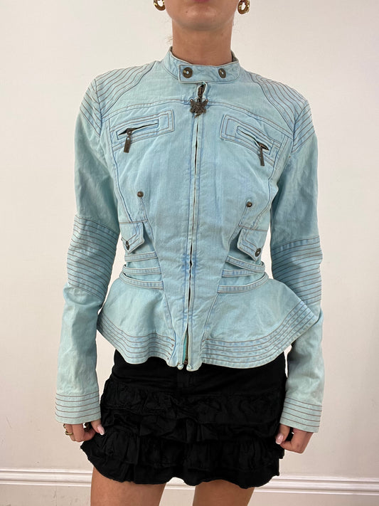 vintage edit seasonal faves | small baby blue roberto cavalli denim biker jacket