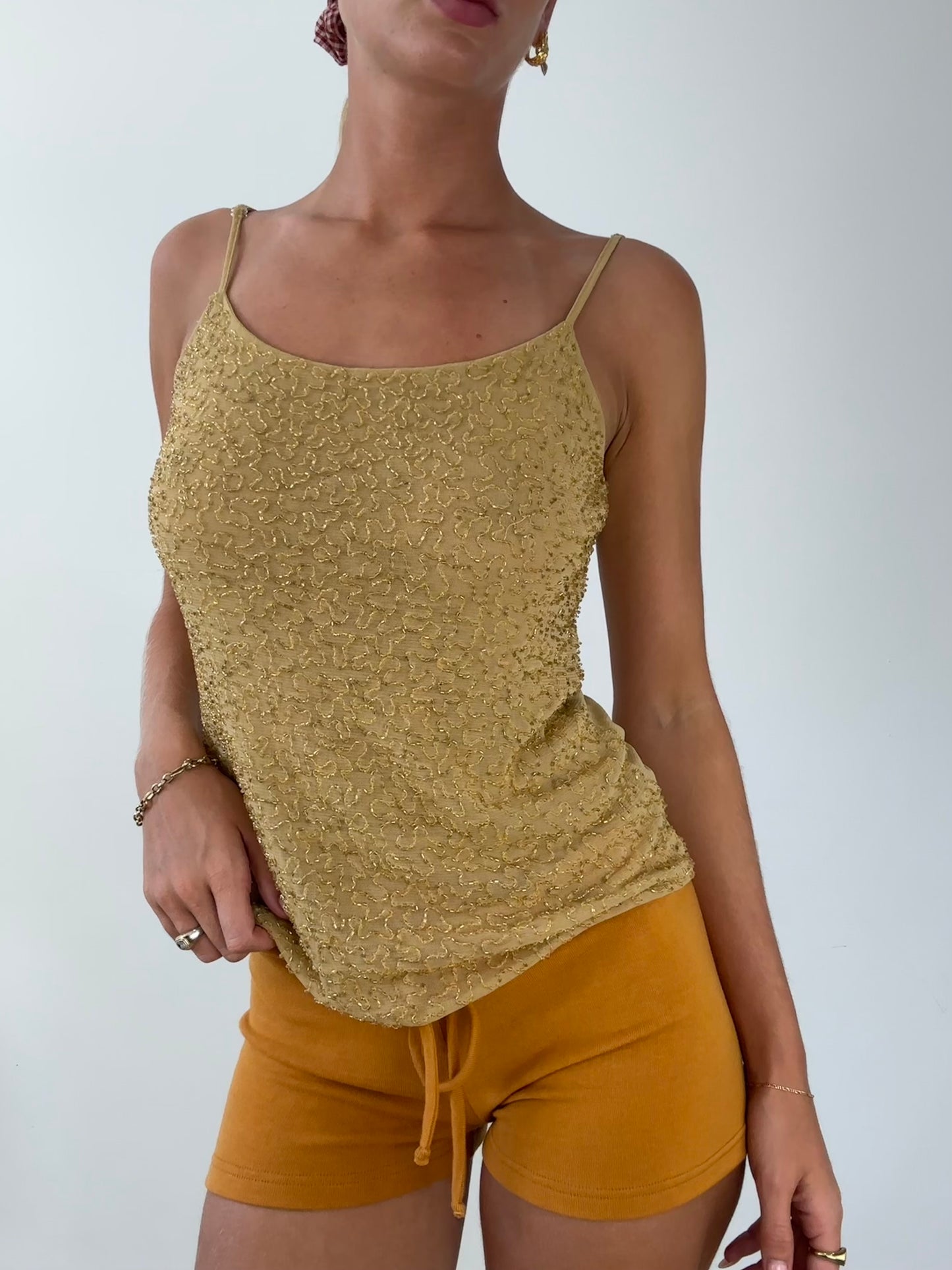 SIRENCORE | medium gold mesh cami with beaded detail