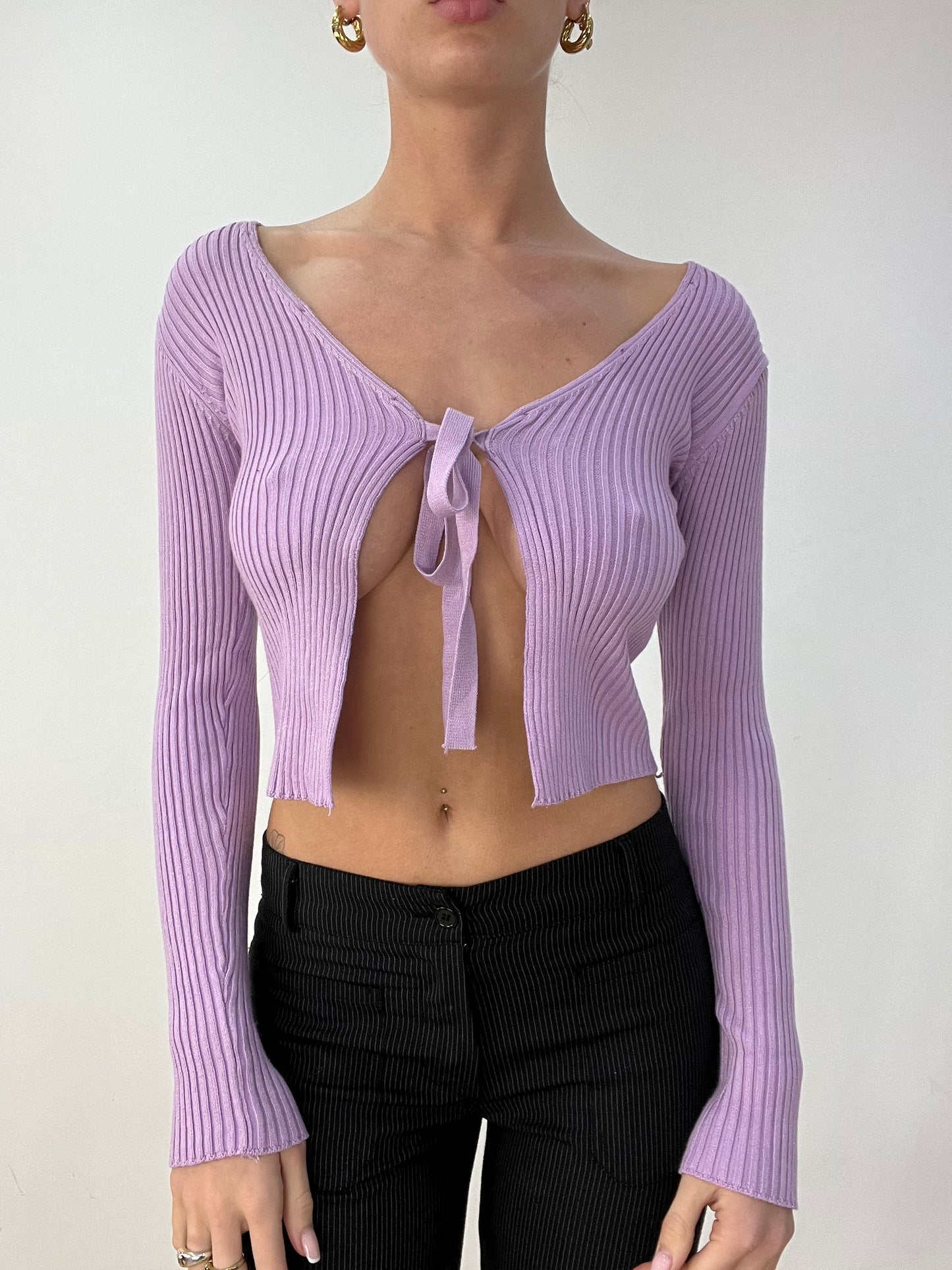 BEST PICKS | small purple ribbed front tie cardigan