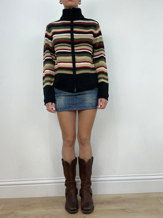 vintage edit two | medium beige red and black striped knitted zip up jumper