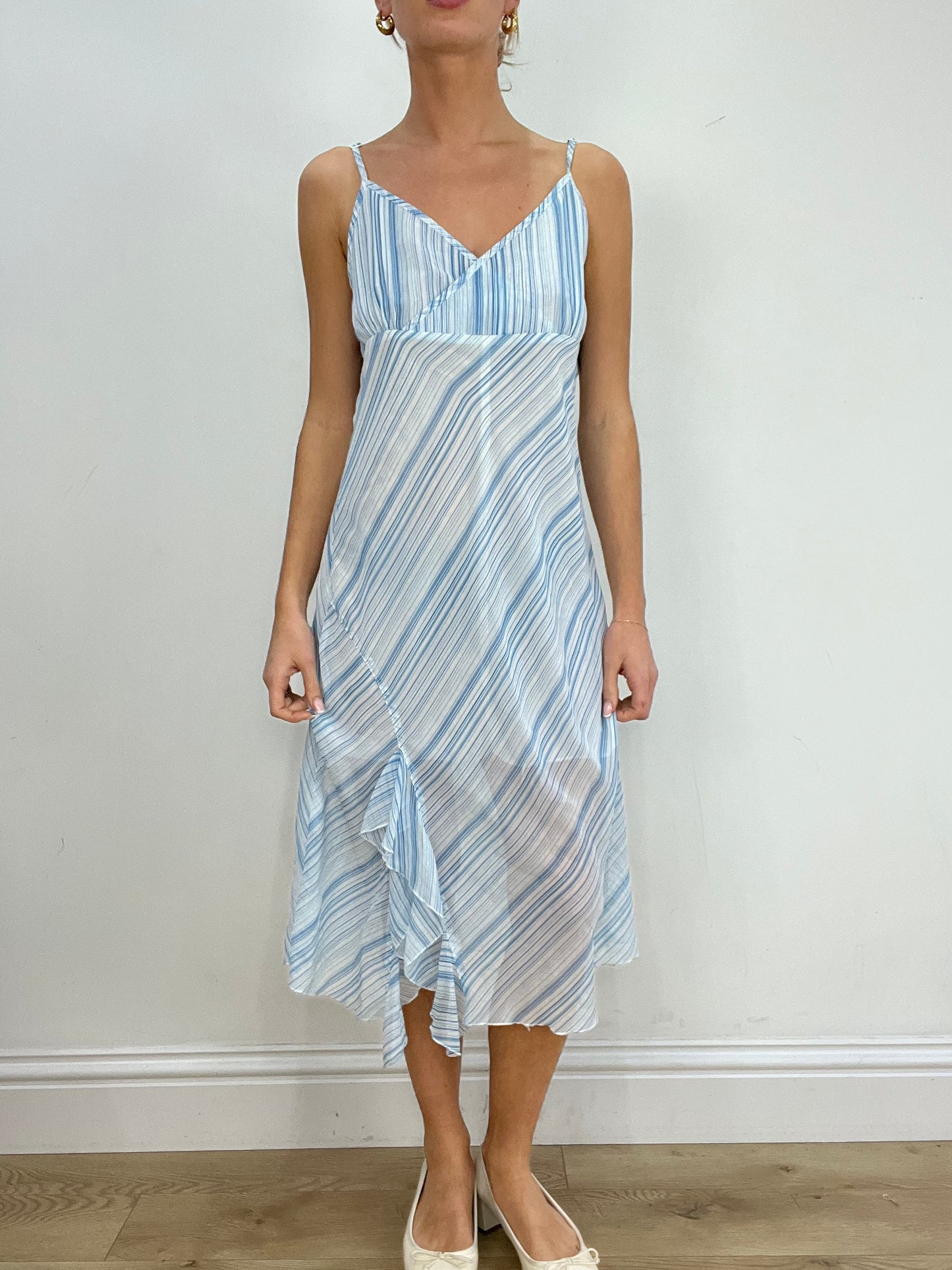 vintage edit five | large white and blue striped maxi dress