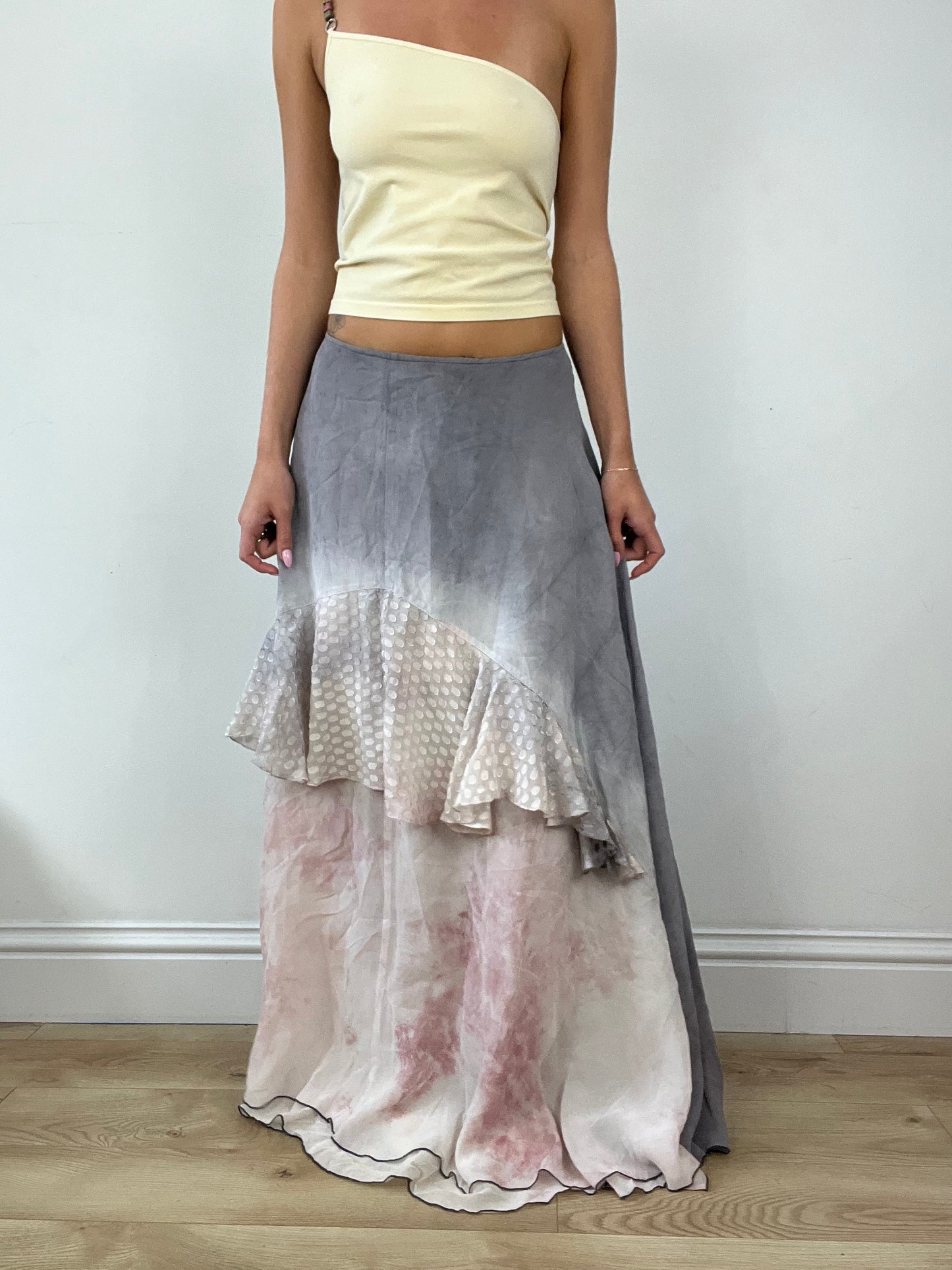 DINNER PARTY | medium pink and grey layered maxi skirt