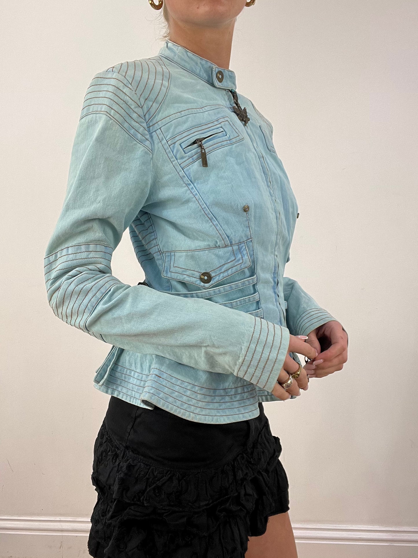 vintage edit seasonal faves | small baby blue roberto cavalli denim biker jacket