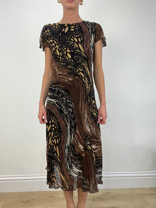 vintage edit nine: part two | medium brown swirl abstract print dress