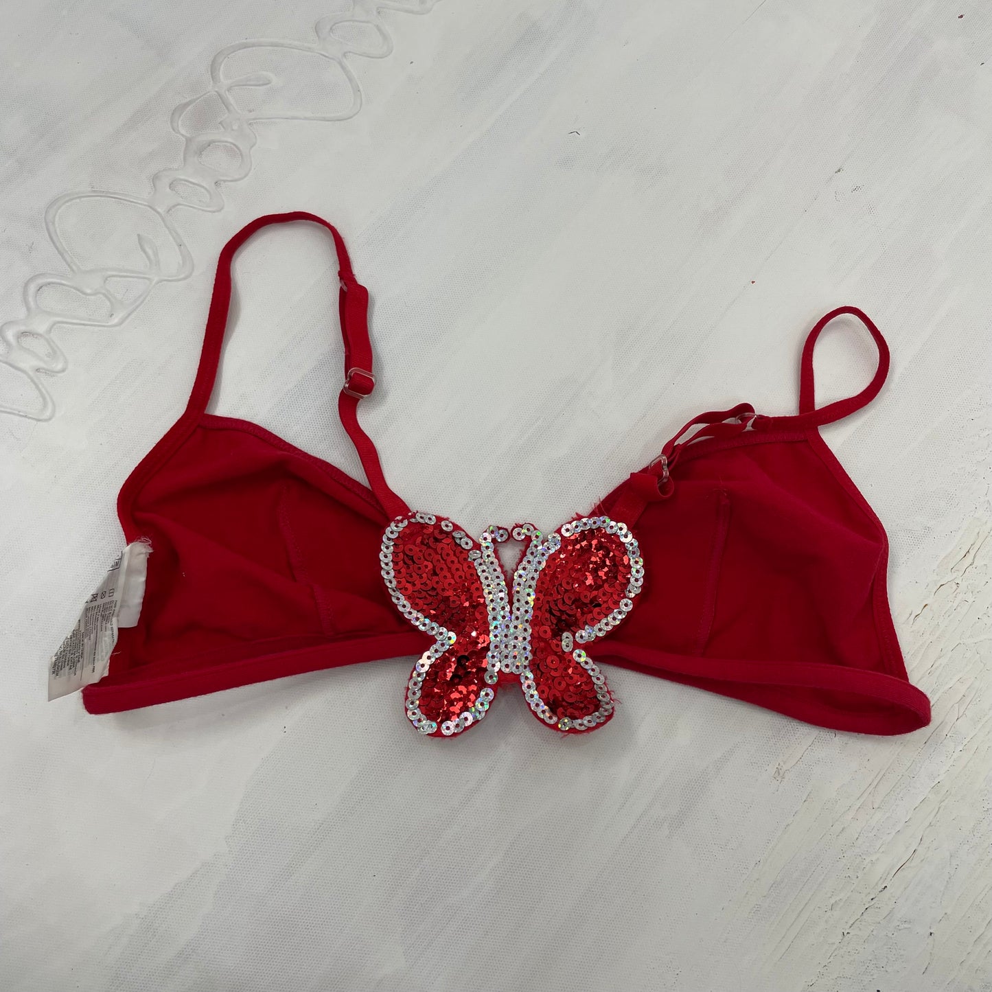 GALENTINES DAY DROP | small red butterfly sequin bra with front closure