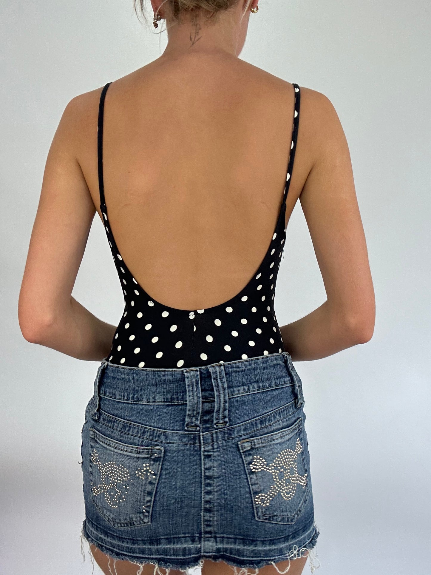 BRITISH SUMMER GIRL DROP | small black and white polka dot swimsuit with scoop back