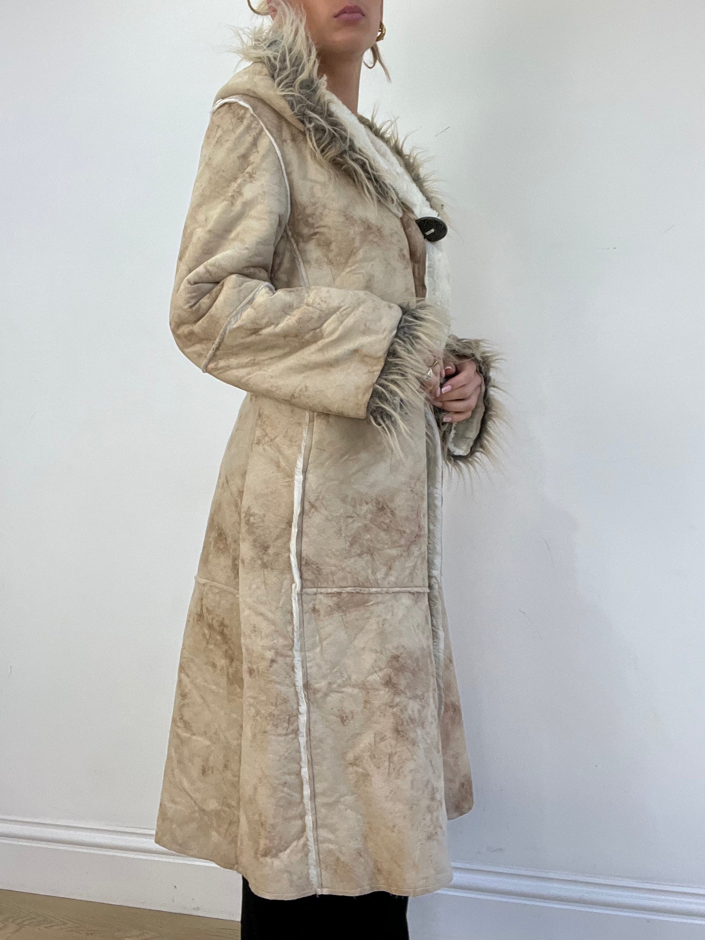 WINTER TRENDS | medium beige long afghan style coat with faux fur