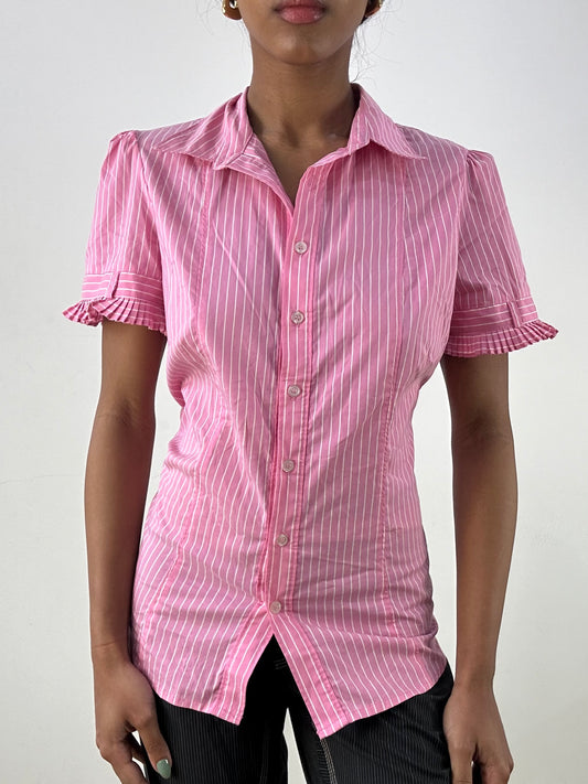 vintage edit: office siren | medium pink striped button up shirt