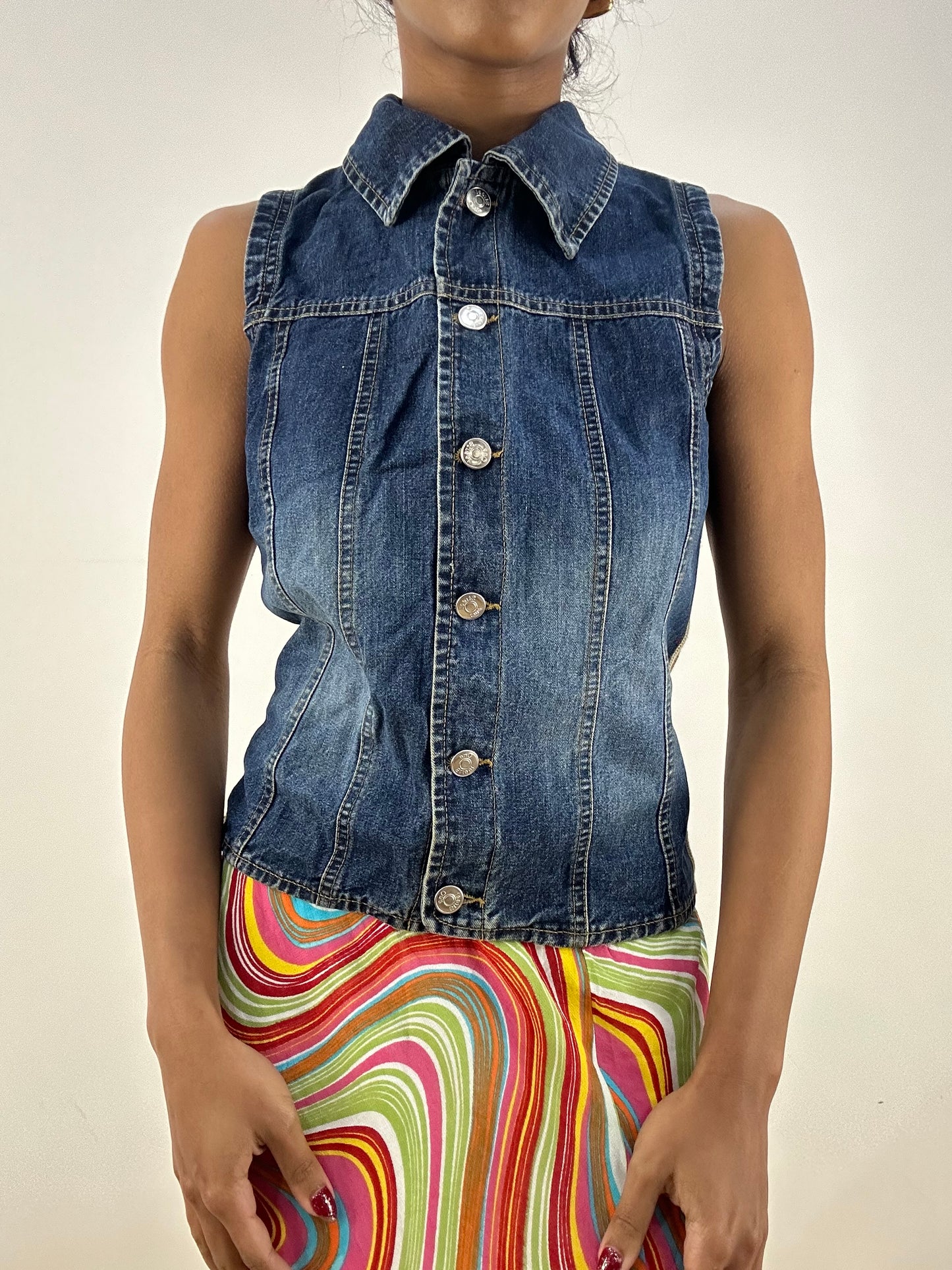 HIPPY CHIC DROP | medium denim waistcoat with knitted back