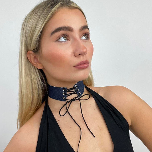 💻GRUNGE COQUETTE DROP | denim lace up choker necklace