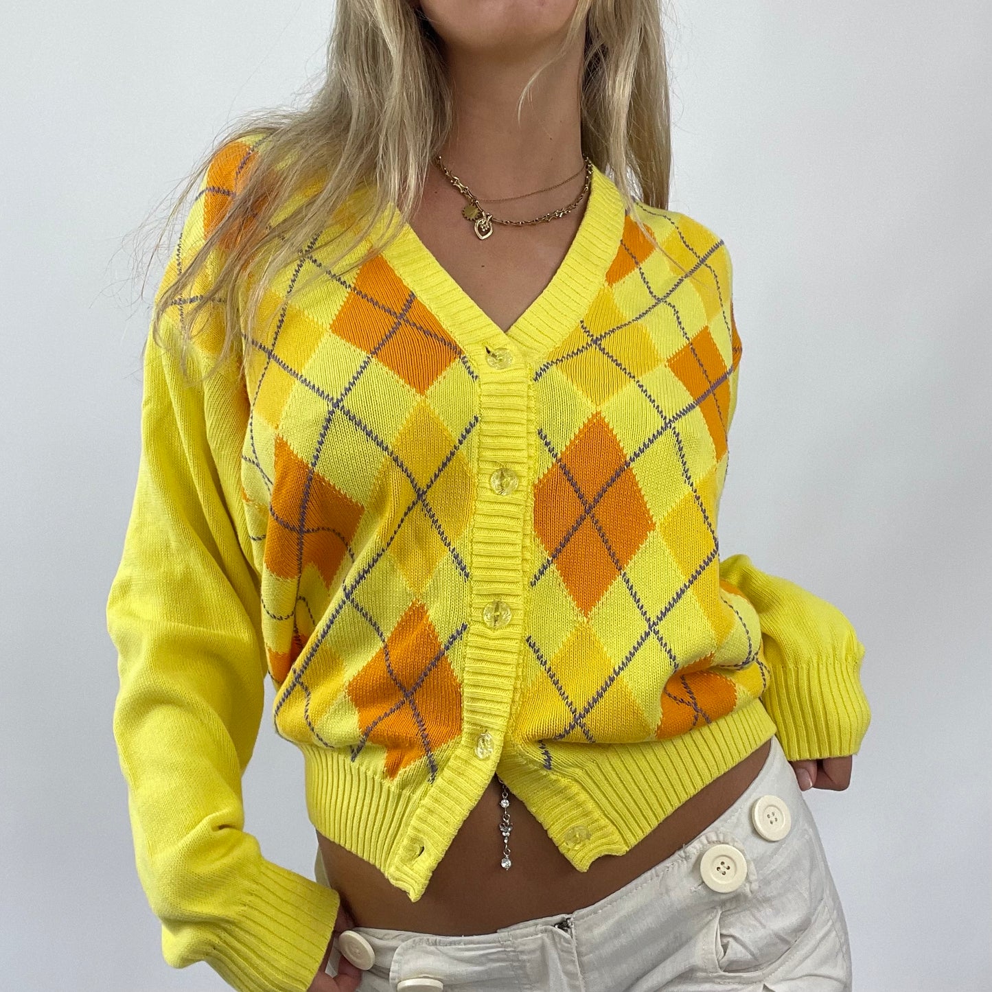 FRESHERS FITS DROP | small yellow argyle button up cardigan