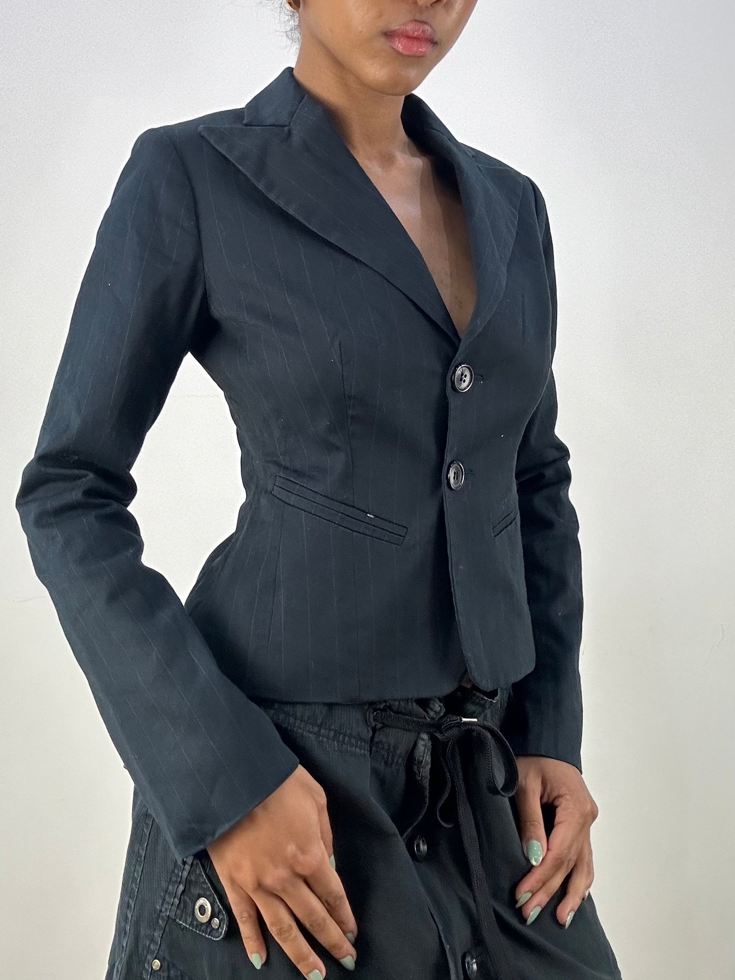 vintage edit: office siren | small black pinstripe blazer jacket