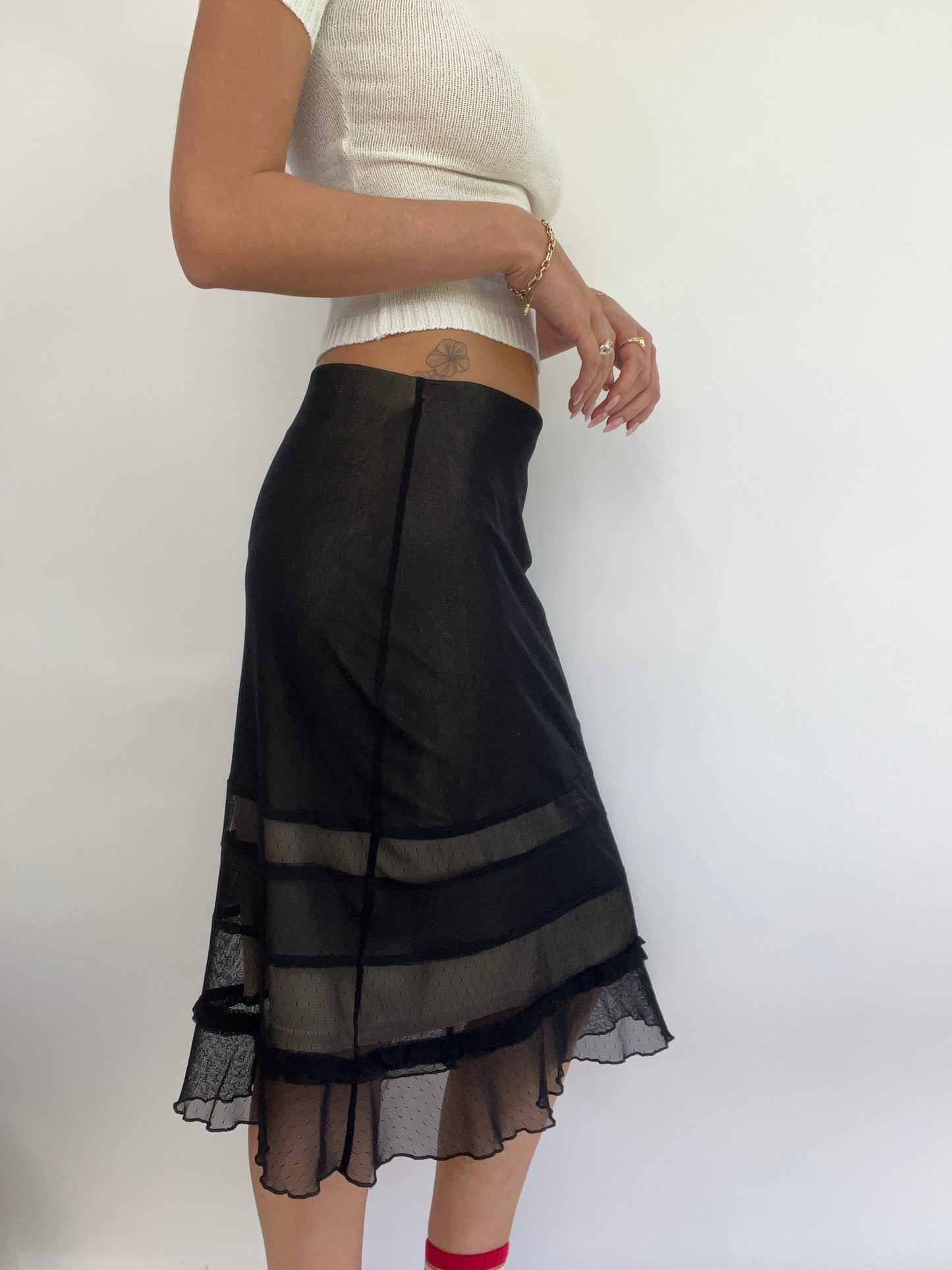 💻 MADELINE ARGY DROP | medium black mesh overlay midi skirt with beige insert