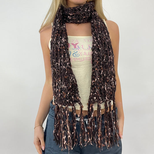 GIRL CORE DROP | brown knit scarf with woven ribbon detail