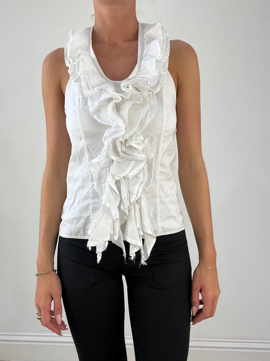 OFFICE GIRLIE | medium white ruffle halterneck top