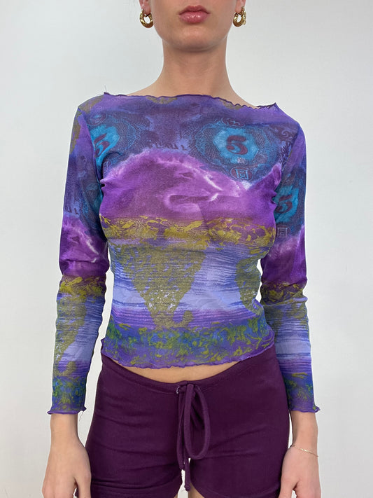 vintage edit nine | small purple graphic print mesh top