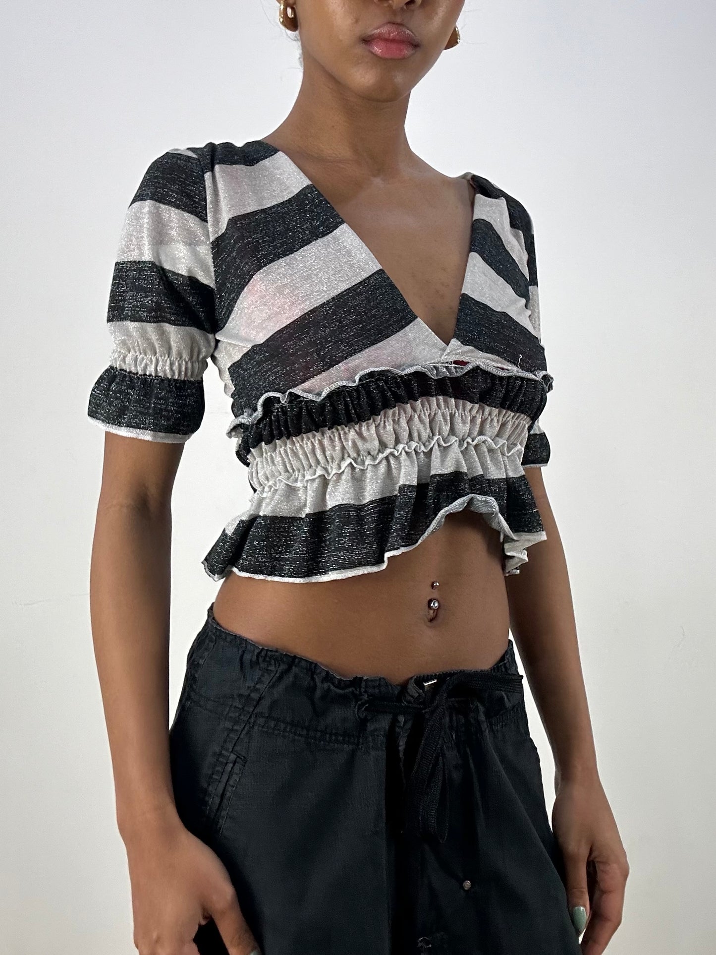 vintage edit: office siren | extra small black and grey stripy glittery crop top